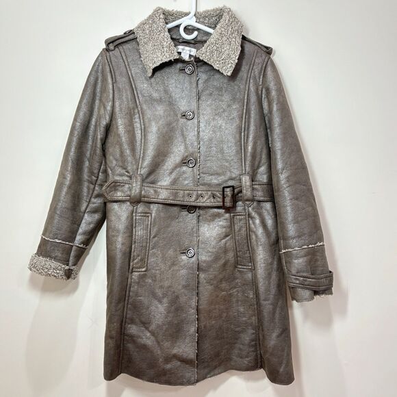 Y2K Faux Suede Sherpa Lined Coat Women L Longline Penny Lane 90s Trench Hippie - Picture 2 of 16